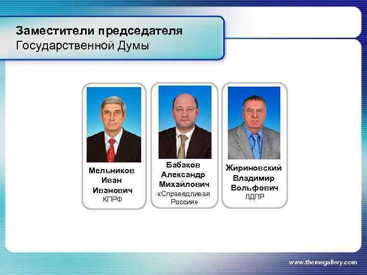 Заместители председателя Государственной Думы     Бабаков  Жириновский  Мельников 