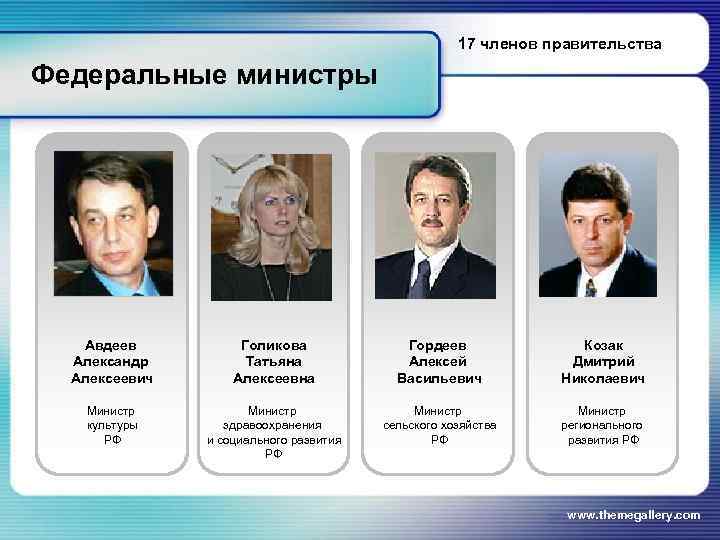      17 членов правительства Федеральные министры  Авдеев  Голикова
