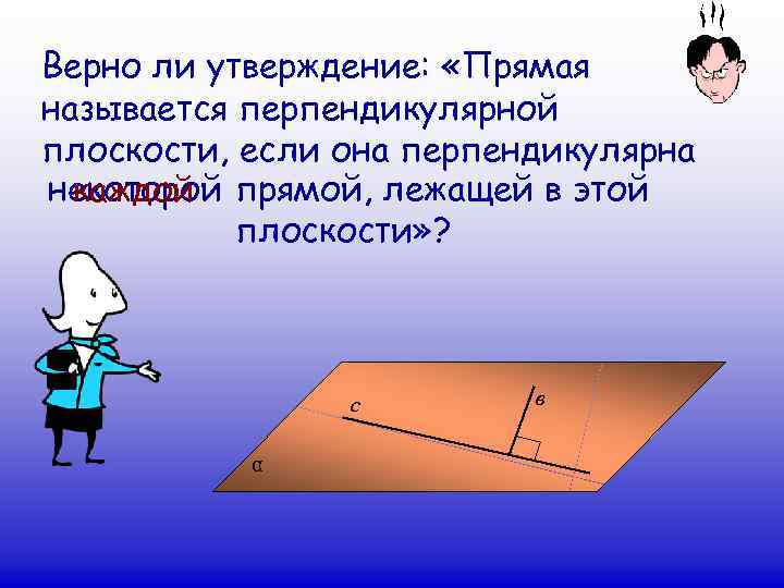 Верно ли утверждение:  «Прямая называется перпендикулярной плоскости, если она перпендикулярна некоторой прямой, лежащей