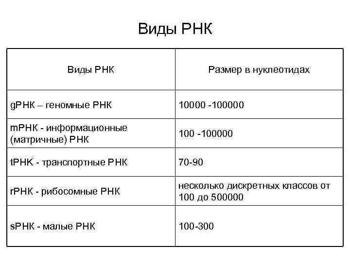 Виды РНК Размер в Виды РНК Размер в