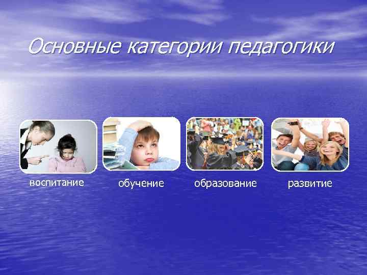 Основные категории педагогики воспитание  обучение  образование  развитие 