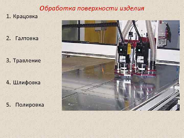Обработка поверхности изделия 1. Крацовка 2. Галтовка 3. Травление Обработка поверхности изделия 1. Крацовка 2. Галтовка 3. Травление