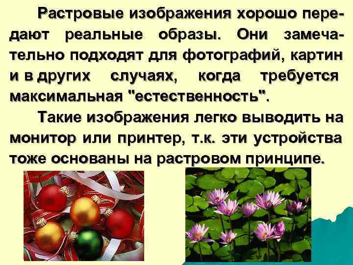   Растровые изображения хорошо пере- дают реальные образы.  Они замеча- тельно подходят