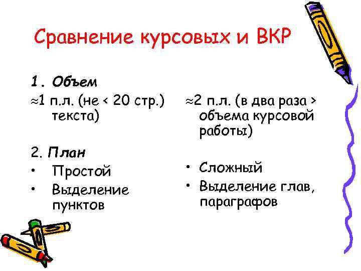 Сравнение курсовых и ВКР 1. Объем 1 п. л. (не < 20 стр. )