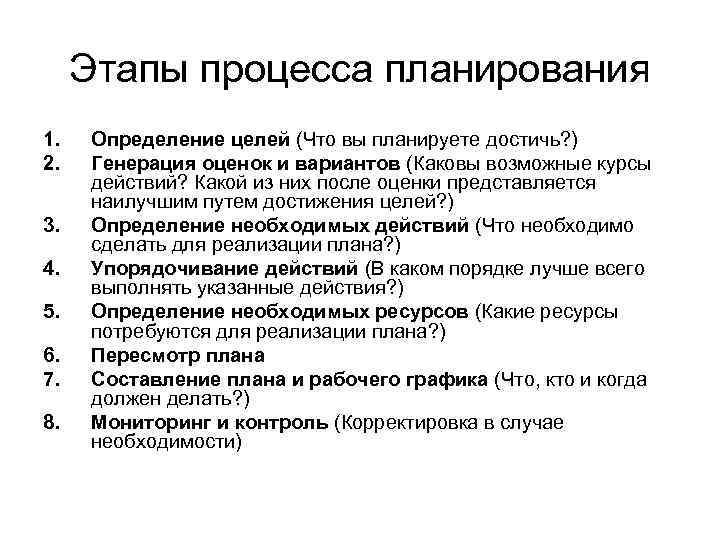  Этапы процесса планирования 1. Определение целей (Что вы планируете достичь? ) 2. Генерация