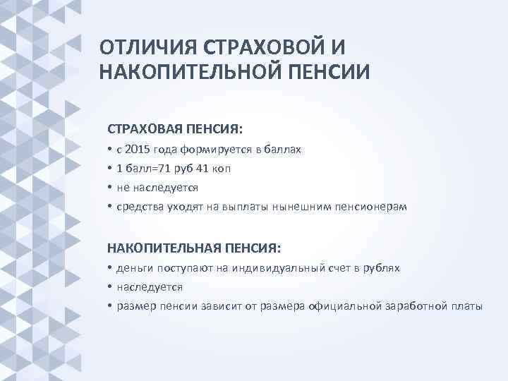 ОТЛИЧИЯ СТРАХОВОЙ И НАКОПИТЕЛЬНОЙ ПЕНСИИ СТРАХОВАЯ ПЕНСИЯ:  •  с 2015 года формируется