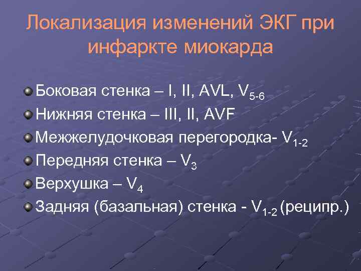 Локализация изменений ЭКГ при  инфаркте миокарда Боковая стенка – I, II, AVL, V