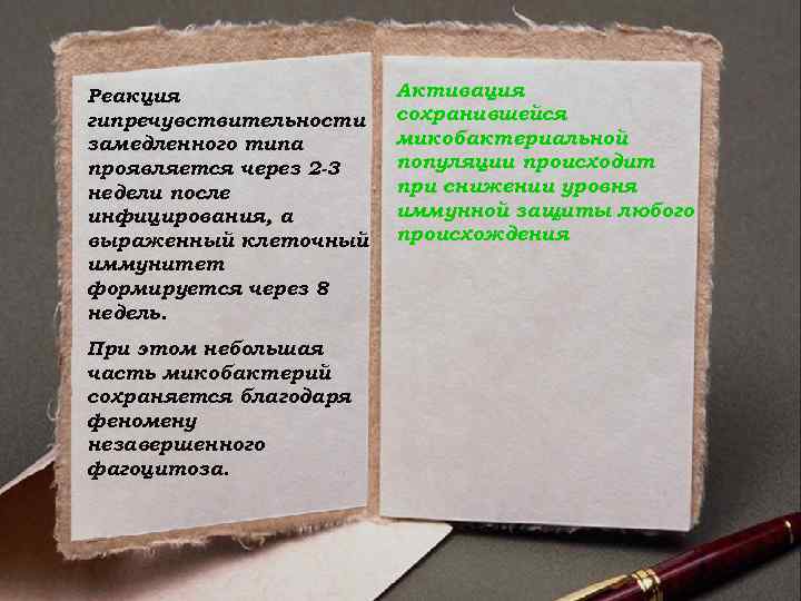 Реакция   Активация гипречувствительности  сохранившейся замедленного типа  микобактериальной проявляется через 2