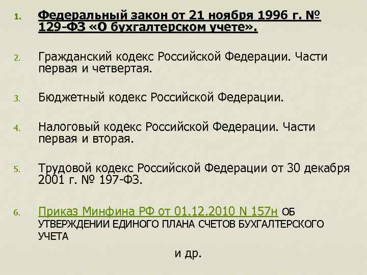 1.  Федеральный закон от 21 ноября 1996 г. № 129 -ФЗ «О бухгалтерском