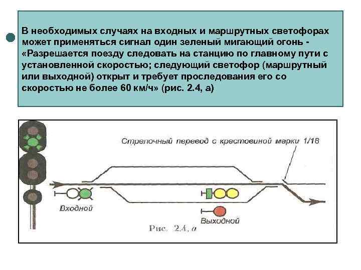 В необходимых случаях на входных и маршрутных светофорах может применяться сигнал один зеленый мигающий
