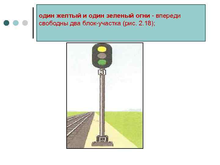 один желтый и один зеленый огни - впереди свободны два блок-участка (рис. 2. 18);