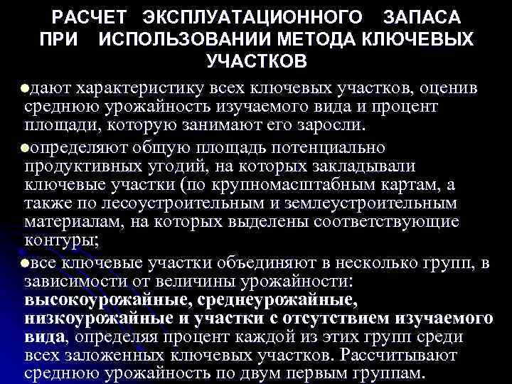   РАСЧЕТ ЭКСПЛУАТАЦИОННОГО ЗАПАСА  ПРИ ИСПОЛЬЗОВАНИИ МЕТОДА КЛЮЧЕВЫХ    