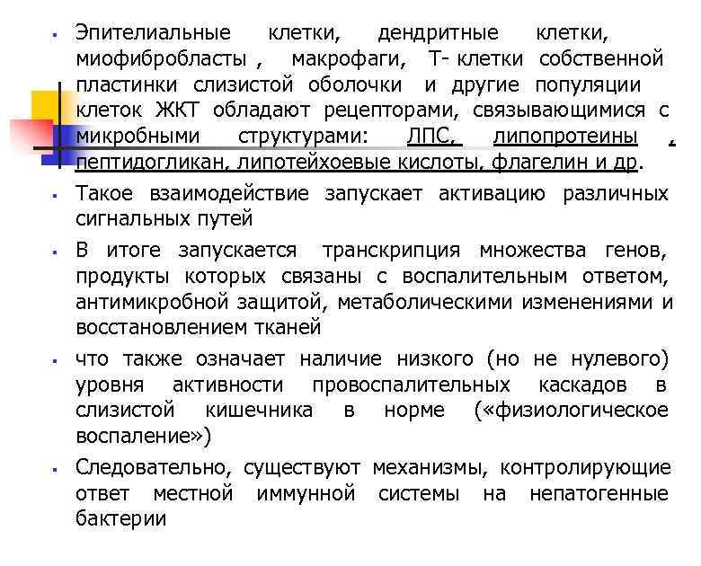 §  Эпителиальные клетки,  дендритные  клетки, миофибробласты , макрофаги, Т клетки собственной