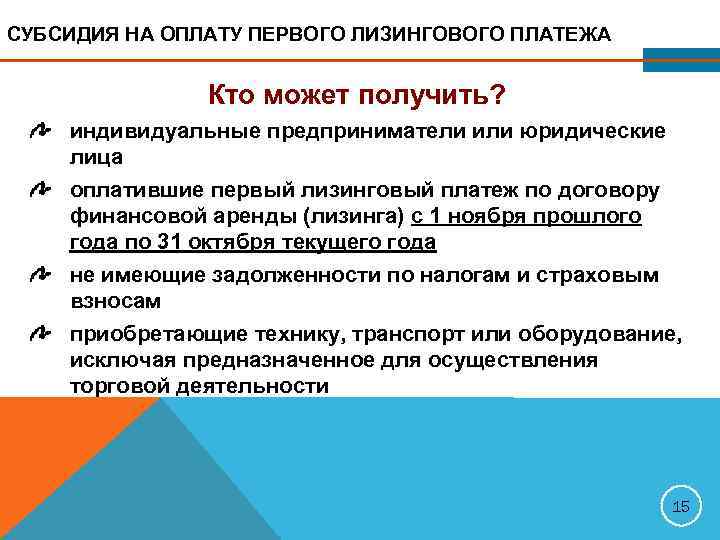 СУБСИДИЯ НА ОПЛАТУ ПЕРВОГО ЛИЗИНГОВОГО ПЛАТЕЖА   Кто может получить? индивидуальные предприниматели или