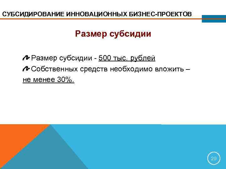 СУБСИДИРОВАНИЕ ИННОВАЦИОННЫХ БИЗНЕС-ПРОЕКТОВ    Размер субсидии - 500 тыс. рублей  Собственных