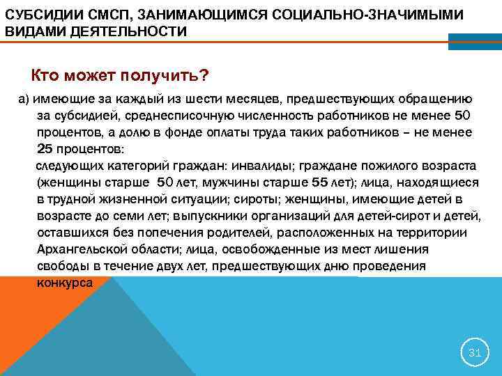 СУБСИДИИ СМСП, ЗАНИМАЮЩИМСЯ СОЦИАЛЬНО-ЗНАЧИМЫМИ ВИДАМИ ДЕЯТЕЛЬНОСТИ Кто может получить?  а) имеющие за каждый