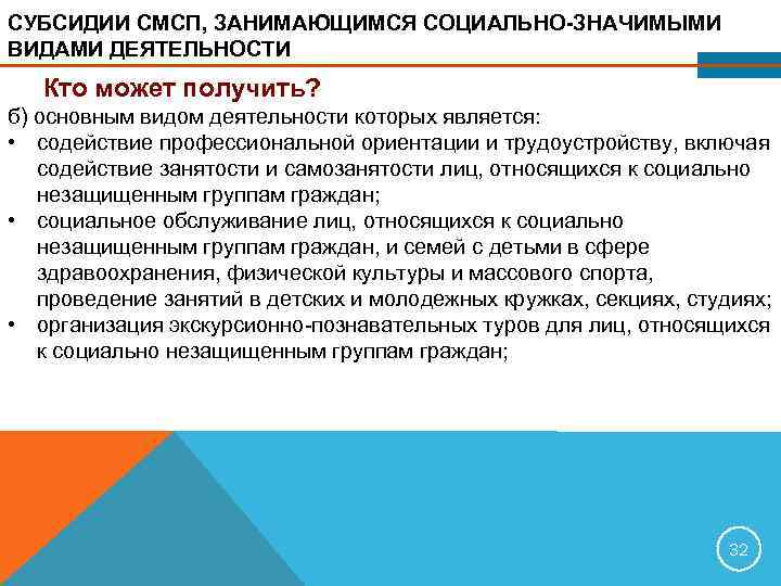 СУБСИДИИ СМСП, ЗАНИМАЮЩИМСЯ СОЦИАЛЬНО-ЗНАЧИМЫМИ ВИДАМИ ДЕЯТЕЛЬНОСТИ Кто может получить?  б) основным видом деятельности
