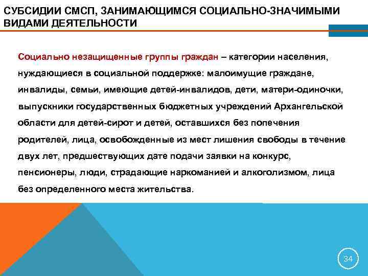 СУБСИДИИ СМСП, ЗАНИМАЮЩИМСЯ СОЦИАЛЬНО-ЗНАЧИМЫМИ ВИДАМИ ДЕЯТЕЛЬНОСТИ Социально незащищенные группы граждан – категории населения, нуждающиеся