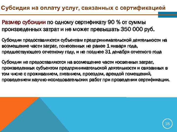 Субсидия на оплату услуг, связанных с сертификацией Размер субсидии по одному сертификату 90 %