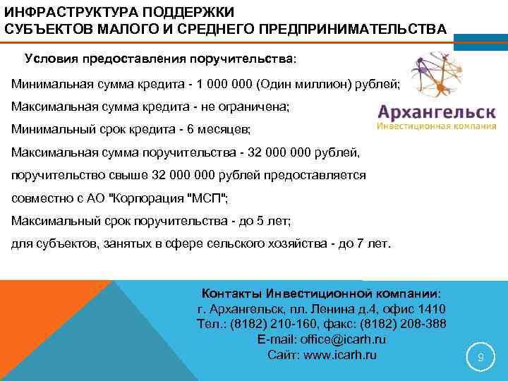 ИНФРАСТРУКТУРА ПОДДЕРЖКИ СУБЪЕКТОВ МАЛОГО И СРЕДНЕГО ПРЕДПРИНИМАТЕЛЬСТВА  Условия предоставления поручительства:  Минимальная сумма