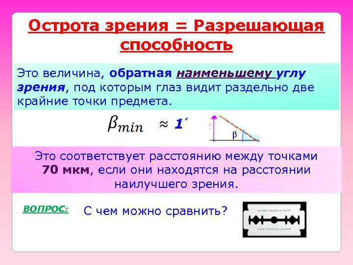  Острота зрения = Разрешающая  способность Это величина, обратная наименьшему углу зрения, под