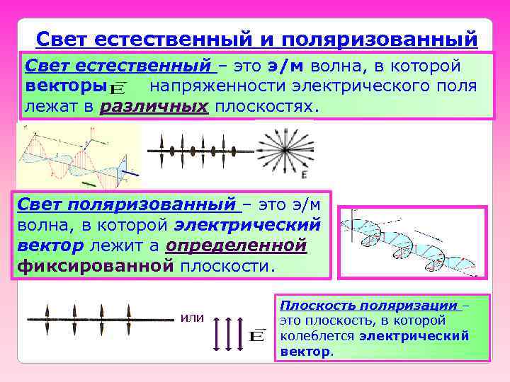  Свет естественный и поляризованный Свет естественный – это э/м волна, в которой векторы