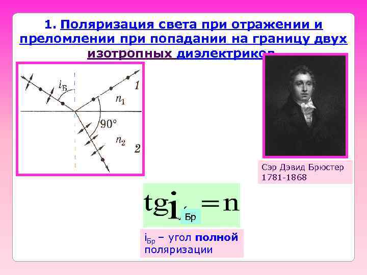   1. Поляризация света при отражении и преломлении при попадании на границу двух