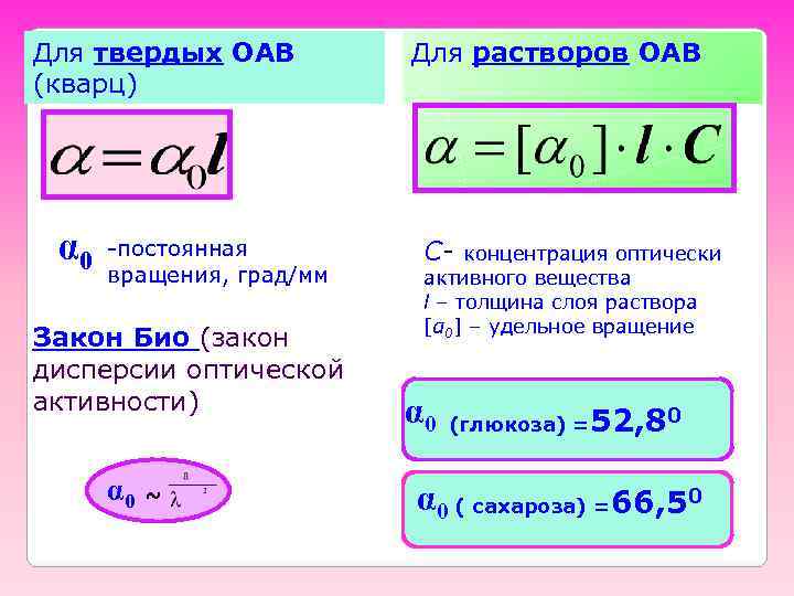 Для твердых ОАВ  Для растворов ОАВ (кварц) α 0  -постоянная  