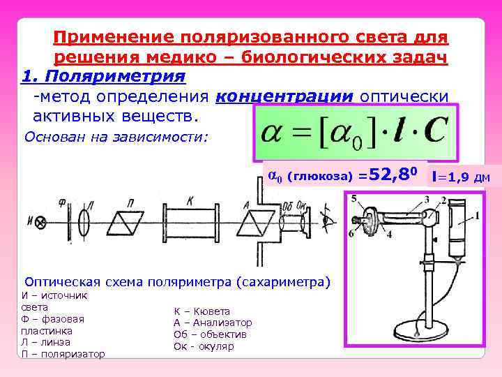   Применение поляризованного света для решения медико – биологических задач 1. Поляриметрия -метод