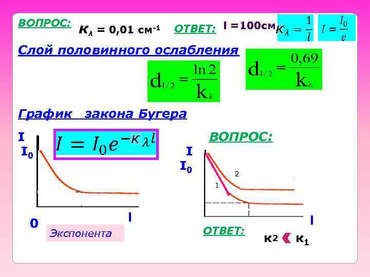 ВОПРОС:  кλ = 0, 01 см-1  ОТВЕТ: l =100 смк Слой половинного