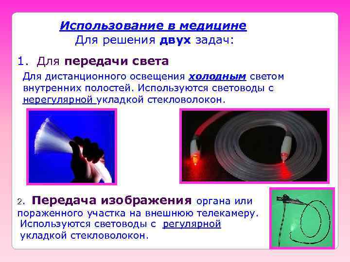   Использование в медицине  Для решения двух задач: 1. Для передачи света