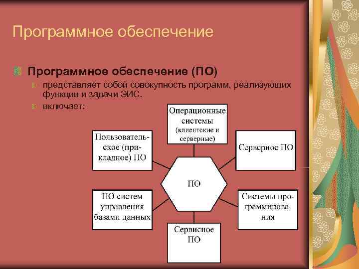 Программное обеспечение (ПО)  представляет собой совокупность программ, реализующих функции и задачи ЭИС. включает: