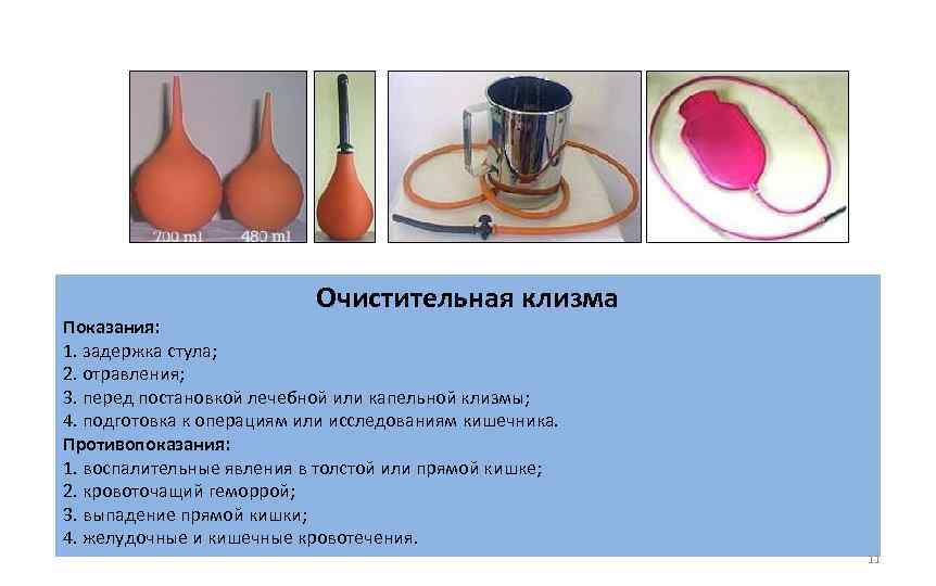       Очистительная клизма Показания: 1. задержка стула; 2. отравления;
