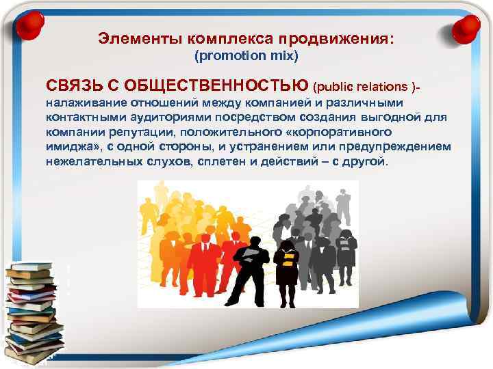   Элементы комплекса продвижения:    (promotion mix) СВЯЗЬ С ОБЩЕСТВЕННОСТЬЮ (public