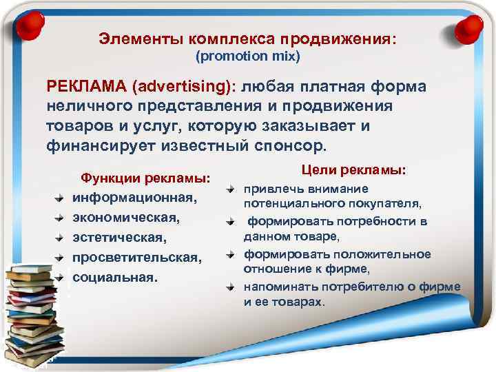  Элементы комплекса продвижения:     (promotion mix) РЕКЛАМА (advertising): любая платная