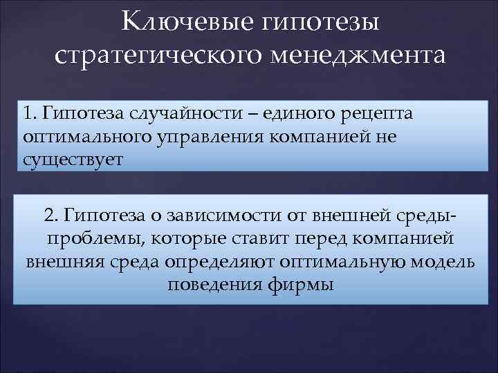   Ключевые гипотезы  стратегического менеджмента 1. Гипотеза случайности – единого рецепта оптимального