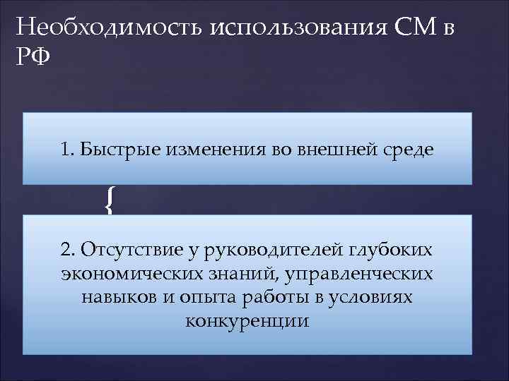 Необходимость использования СМ в РФ 1. Быстрые изменения во внешней среде   {