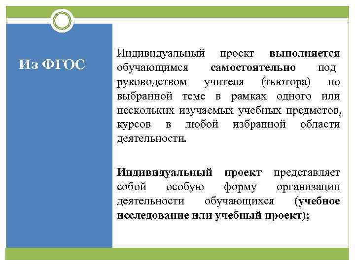   Индивидуальный проект выполняется Из ФГОС  обучающимся  самостоятельно   