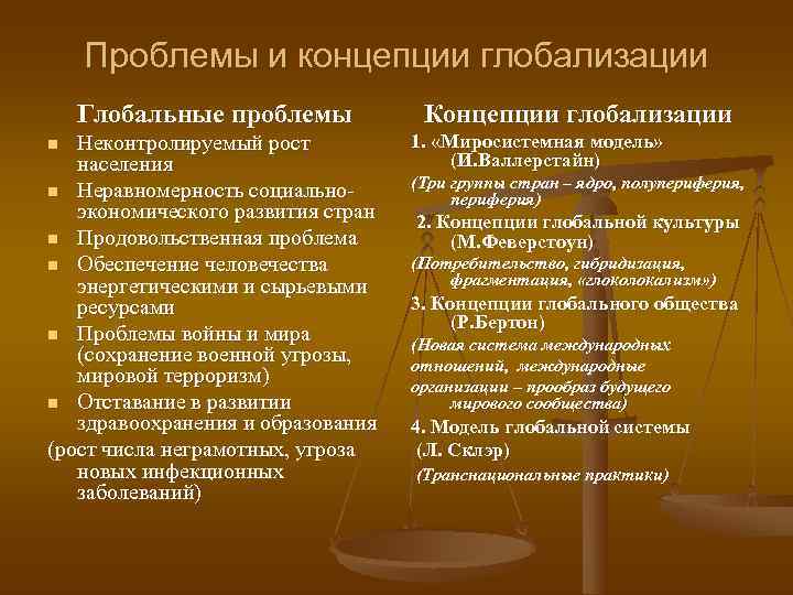   Проблемы и концепции глобализации Глобальные проблемы   Концепции глобализации n Неконтролируемый