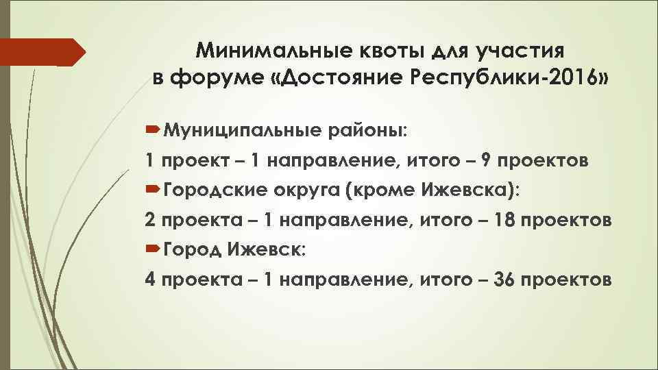   Минимальные квоты для участия в форуме «Достояние Республики-2016» Муниципальные районы: 1 проект