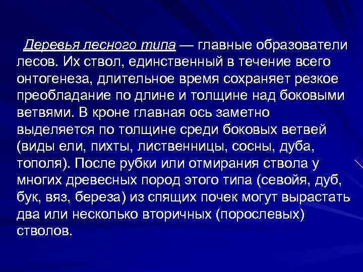  Деревья лесного типа — главные образователи лесов. Их ствол, единственный в течение всего