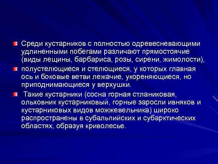 Среди кустарников с полностью одревесневающими удлиненными побегами различают прямостоячие (виды лещины, барбариса, розы, сирени,