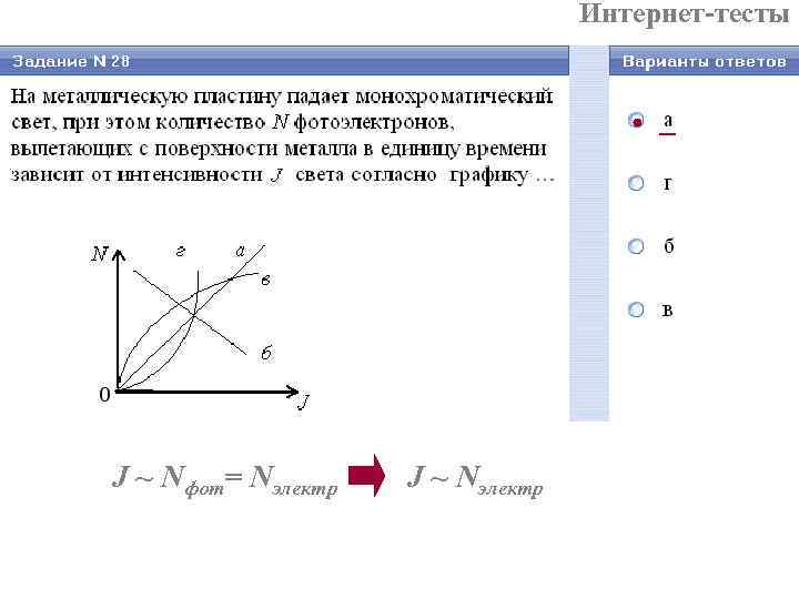 Интернет-тесты J ~ Nфот= Nэлектр J Интернет-тесты J ~ Nфот= Nэлектр J
