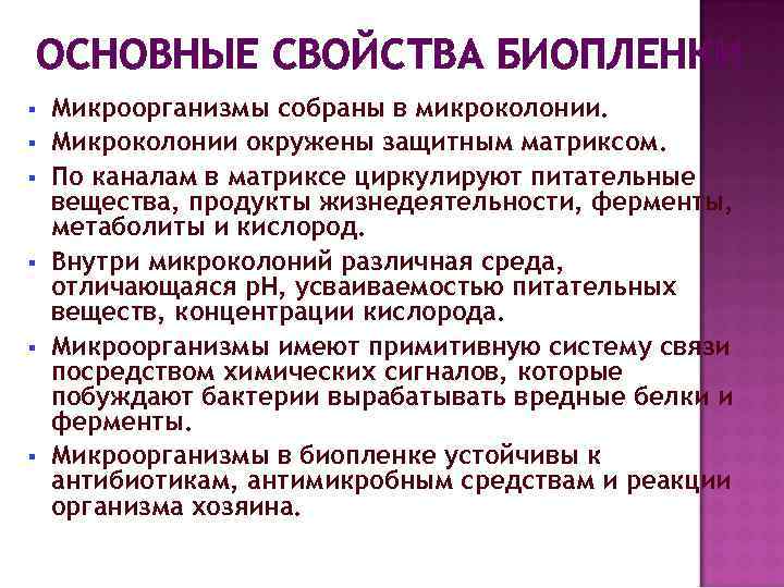  ОСНОВНЫЕ СВОЙСТВА БИОПЛЕНКИ §  Микроорганизмы собраны в микроколонии. §  Микроколонии