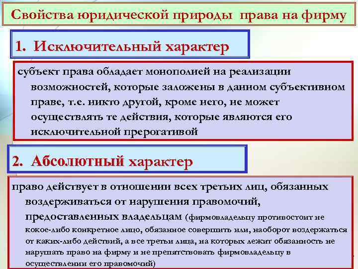 Свойства юридической природы права на фирму 1. Исключительный характер субъект права обладает монополией на