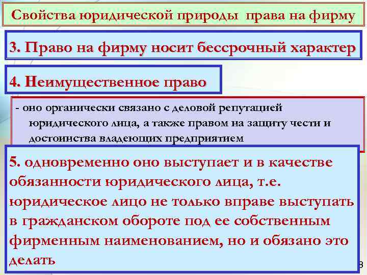 Свойства юридической природы права на фирму 3. Право на фирму носит бессрочный характер 4.