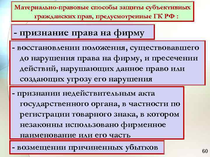 Материально-правовые способы защиты субъективных гражданских прав, предусмотренные ГК РФ :  - признание права