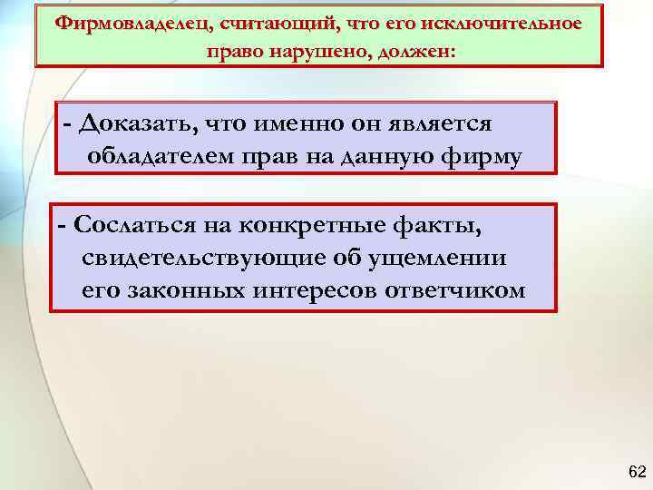 Фирмовладелец, считающий, что его исключительное   право нарушено, должен:  - Доказать, что
