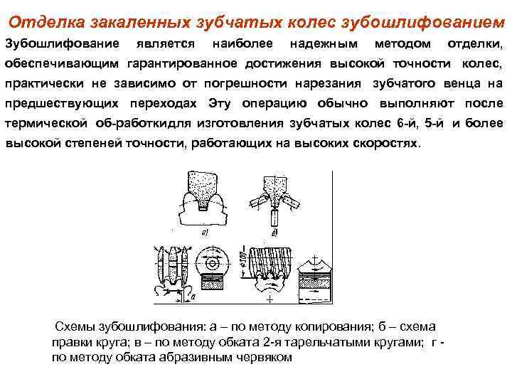 Отделка закаленных зубчатых колес зубошлифованием Зубошлифование является наиболее  надежным методом  отделки, обеспечивающим