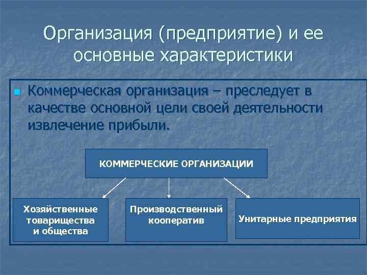  Организация (предприятие) и ее  основные характеристики n  Коммерческая организация –